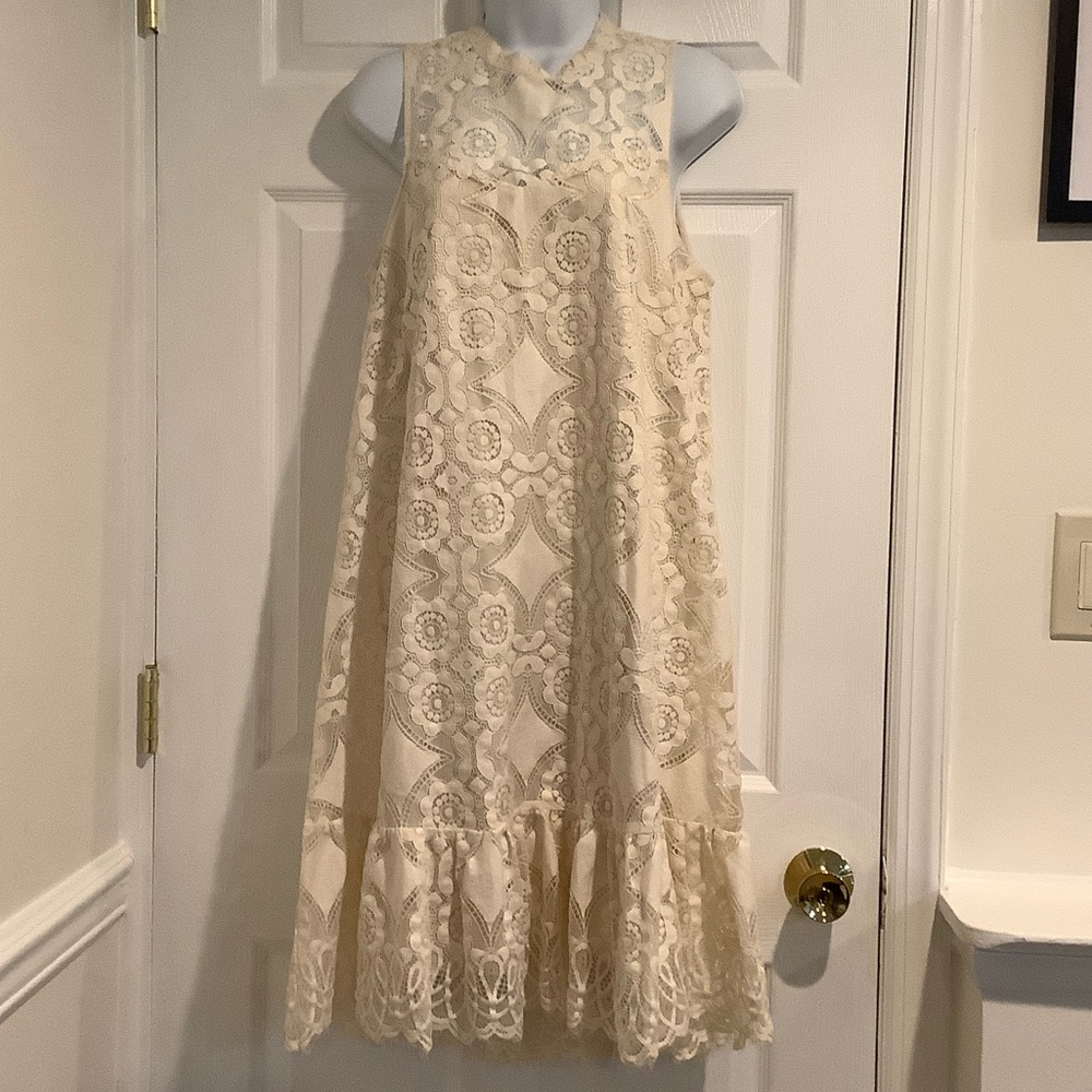 ANTHROPOLOGIE FLOREST Cream Lace Formal Wedding Guest Gatsby Fringe Dress 8